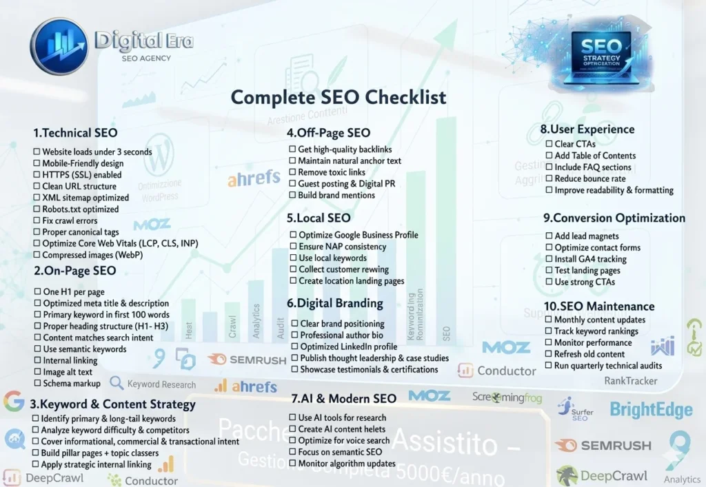 SEO checklist for beginners showing on-page SEO, keyword research, technical SEO, and link building steps