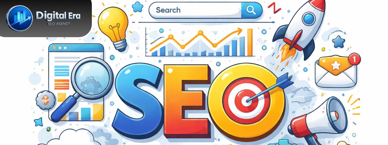 SEO concept illustration with search bar, analytics graph, target, and digital marketing icons representing search engine optimization strategies