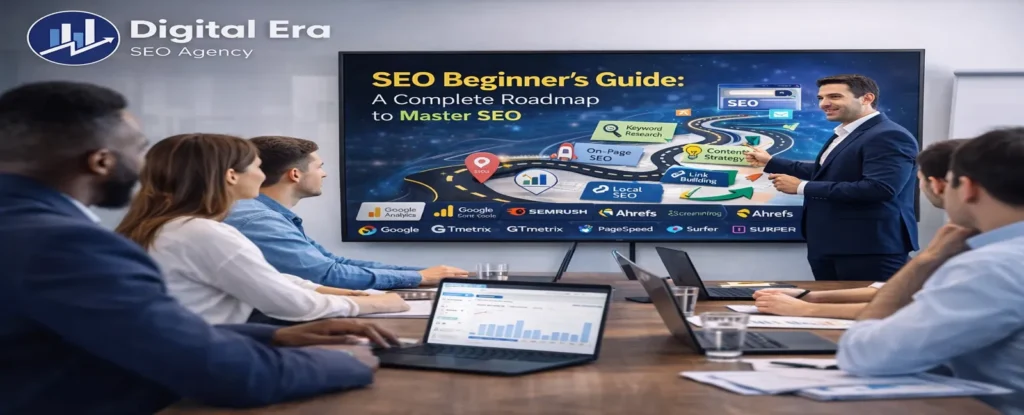 SEO Beginner’s Guide roadmap showing keyword research, on-page SEO, and link building strategy