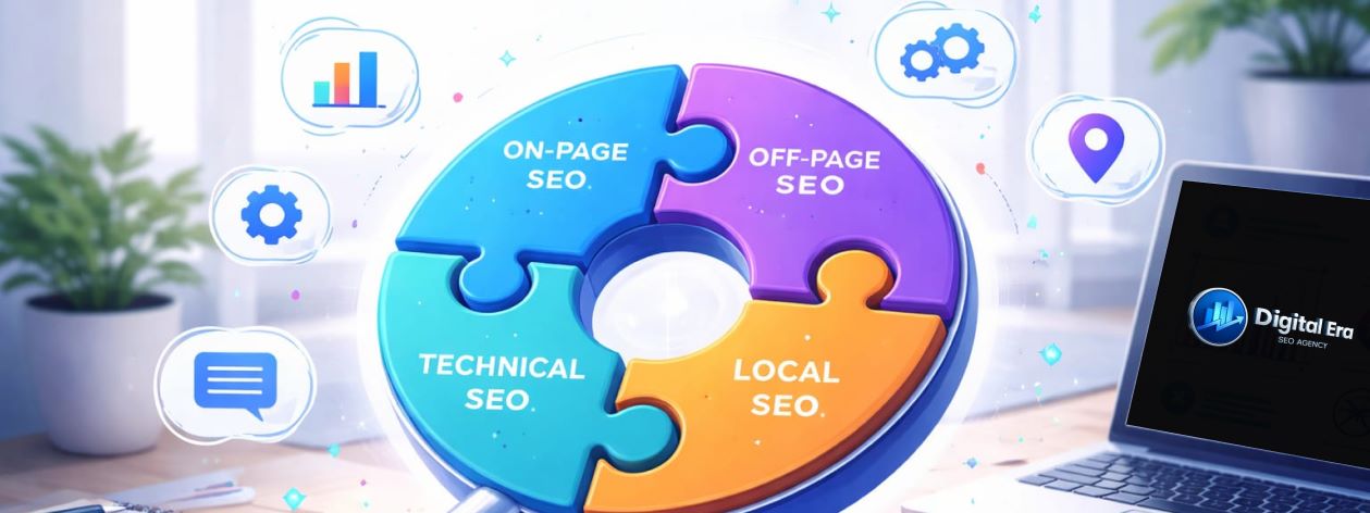 SEO strategy diagram showing on-page, off-page, technical, and local SEO as key social digital marketing challenges