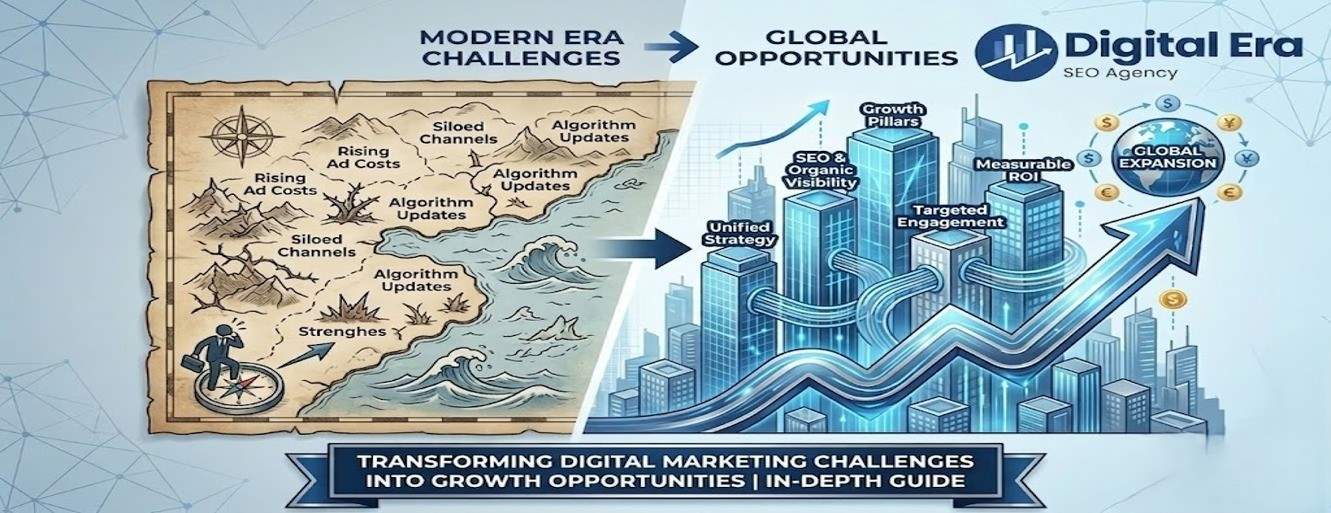 Digital marketing challenges transformed into growth opportunities showing SEO strategy, rising ad costs, algorithm updates, and business expansion