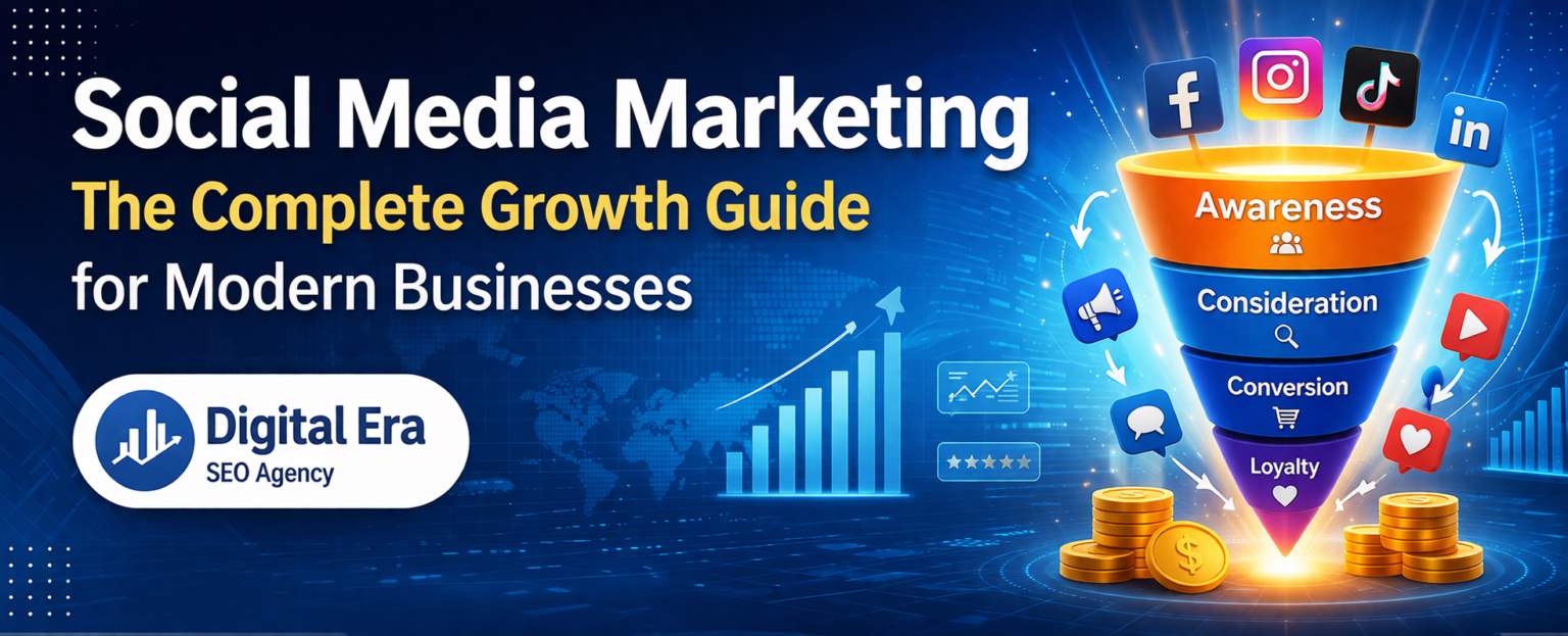 Social media marketing funnel showing awareness, consideration, conversion, and loyalty stages with social platforms and business growth analytics