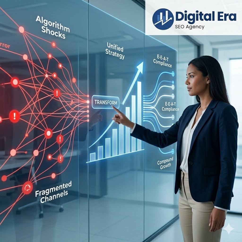 Professional analyzing social digital marketing challenges including algorithm changes, fragmented channels, and growth strategy optimization