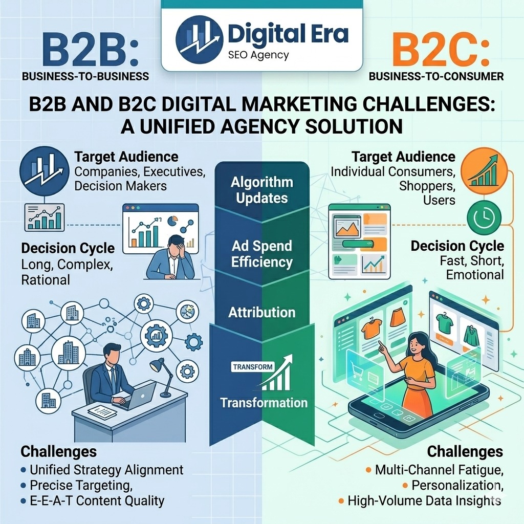 Comparison of social digital marketing challenges in B2B and B2C showing target audience, decision cycles, and strategy differences