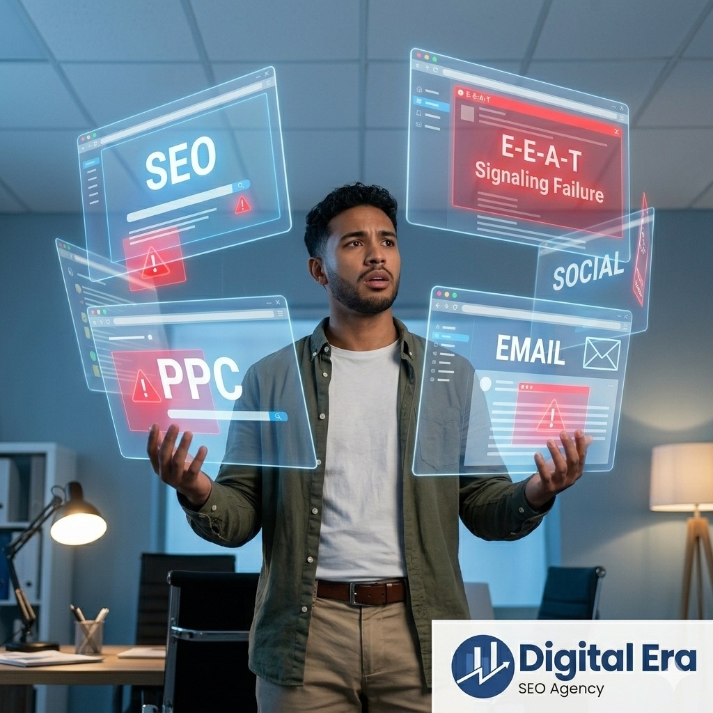 Marketer facing social digital marketing challenges including SEO issues, PPC errors, email marketing problems, and E-E-A-T failures