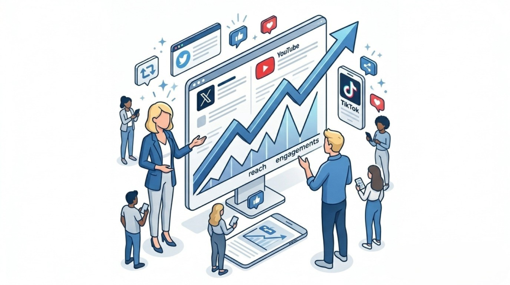 Social media marketing analytics dashboard showing growth in reach and engagement across platforms like YouTube, TikTok, and Twitter