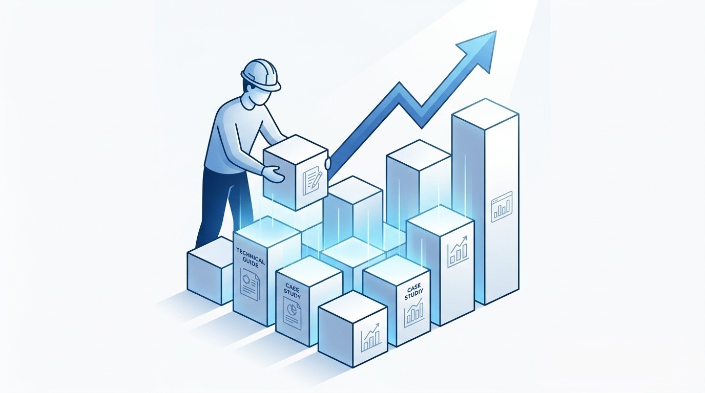 Social media marketing strategy illustration showing content building, case studies, and analytics driving business growth