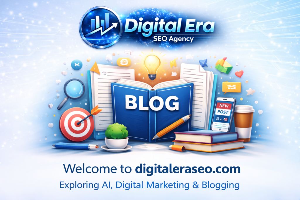 AI digital marketing and blogging banner with SEO tools, content strategy, and online growth concept