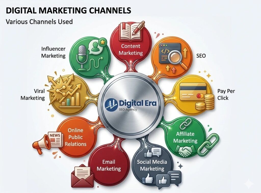 Decorative infographic of digital marketing channels by Digital Era SEO Agency, Lahore, including SEO, PPC, Content, and Social Media Marketing