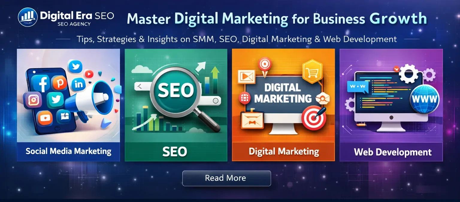 SEO and digital marketing agency banner showing social media marketing, SEO optimization, digital marketing strategies, and web development services