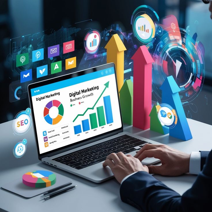 digital marketing strategy showing analytics dashboard, growth charts, and online marketing campaigns for business growth