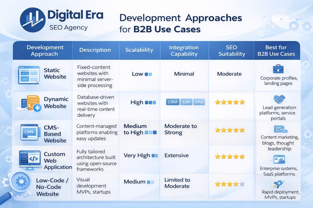 Web development comparison chart showing static, dynamic, CMS-based, custom web applications, and low-code websites for B2B use cases