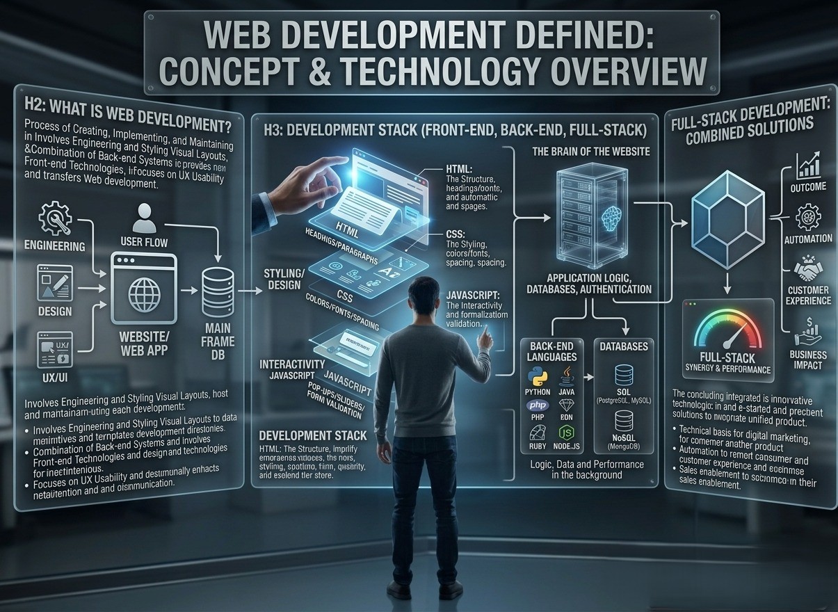 Web development concept diagram showing front-end, back-end, full-stack technologies, databases, and application architecture